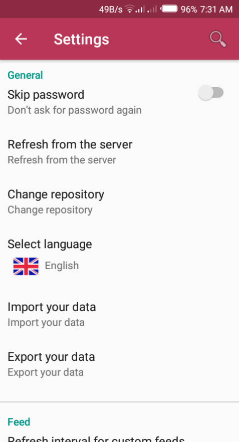 Settings page